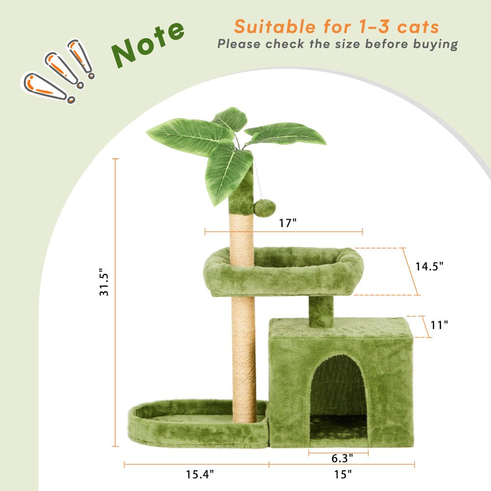 31.5" Cat Tree Cat Tower for Indoor Cats with Green Leaves, Cat Condo Cozy Plush Cat House with Hang Ball and Leaf Shape Design, Cat Furniture Pet House with Cat Scratching Posts,Grey