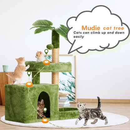 31.5" Cat Tree Cat Tower for Indoor Cats with Green Leaves, Cat Condo Cozy Plush Cat House with Hang Ball and Leaf Shape Design, Cat Furniture Pet House with Cat Scratching Posts,Grey