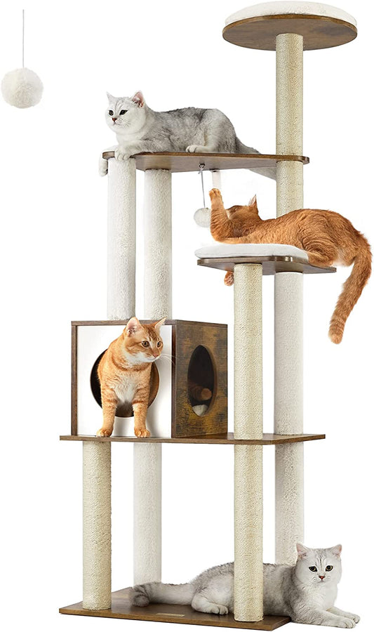 Woodywonders Cat Tree, 65-Inch Modern Cat Tower for Indoor Cats, Multi-Level Cat Condo with 5 Scratching Posts, Perch, Washable Removable Cushions, Cat Furniture, Rustic Brown UPCT166X01